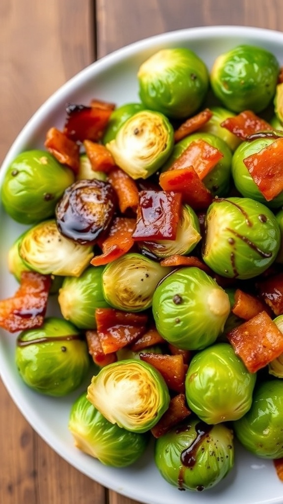 Crispy Air Fryer Bacon Brussels Sprouts Recipe Crispy Brussels sprouts with bacon on a plate, garnished with balsamic vinegar.